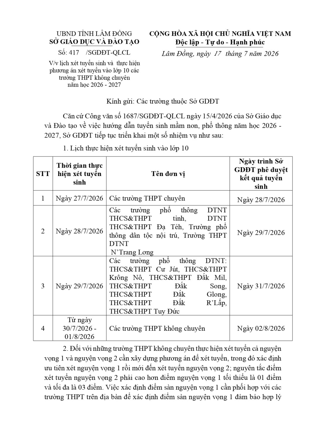 Thong bao lich xet tuyen sinh vao lop 10 nam hoc 2026 2027 page 0001